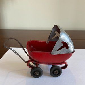 Vintage Red and Silver Wyandotte Toys Metal Doll Carriage